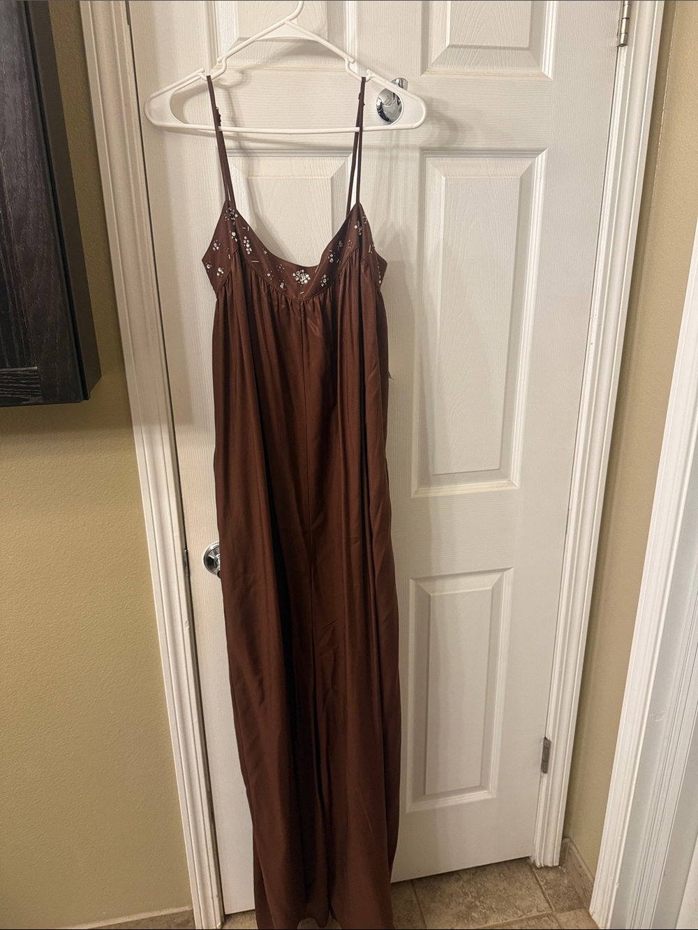 Maeve Brown Sequin-Trim Spaghetti-Strap Maxi jumpsuit